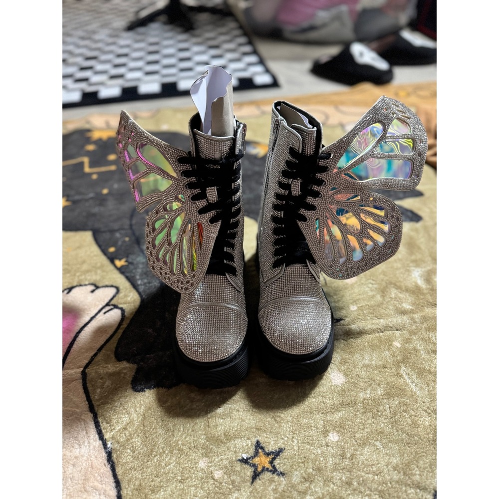 Rhinestone Butterfly Wing Platform‎ Boots Rave Festival Costume Cosplay
